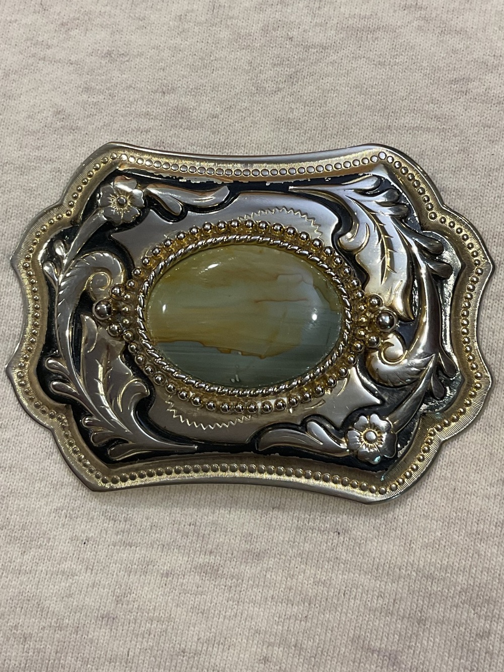 Western Silver and Gold Tone with Oval Stone Engraved Scrollwork Belt Buckle*